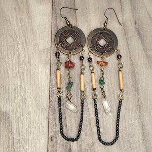 Dangling Earrings - Boho Hippie - Double Sided Chinese Coin with Stones 4"
